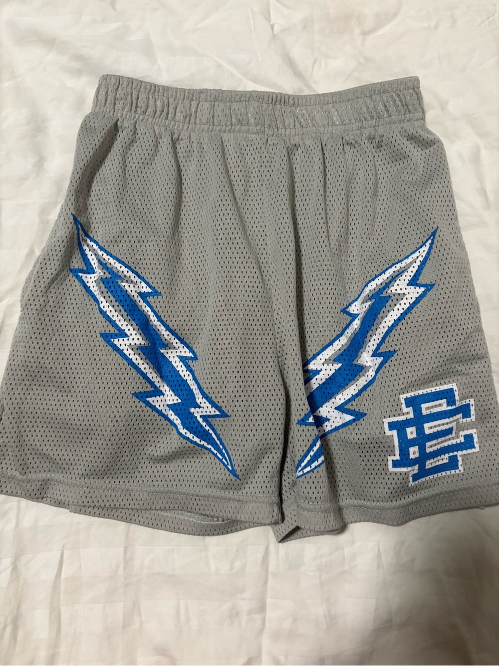 Men's Gray Athletic Mesh Shorts with Blue Lightning Accents